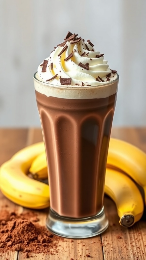 A tall glass of chocolate banana smoothie topped with whipped cream and chocolate shavings, with bananas and cocoa powder in the background.