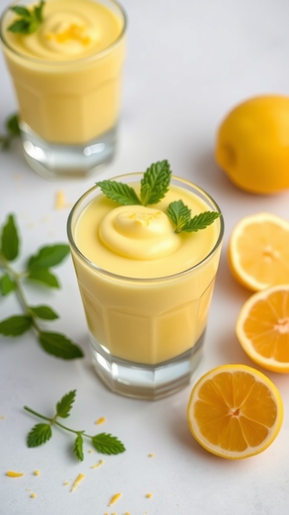 Silky smooth lemon mousse in a glass, garnished with mint leaves, with fresh lemons beside it.