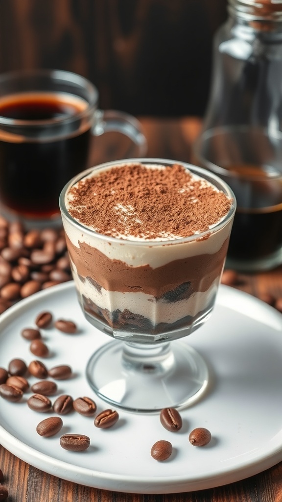 A glass of no-bake chocolate tiramisu topped with cocoa powder, surrounded by coffee beans and a cup of black coffee.