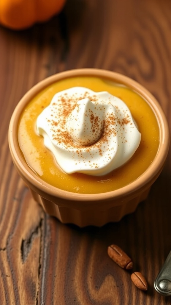 A bowl of silky smooth pumpkin pie pudding topped with whipped cream and cinnamon, surrounded by decorative star anise and a small pumpkin.