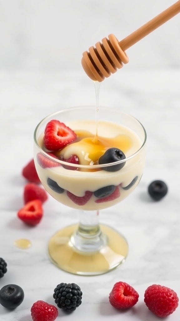 A glass of silky vanilla panna cotta topped with fresh berries and a drizzle of honey.