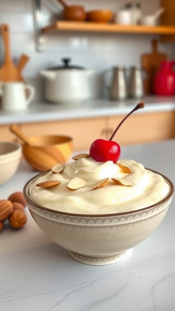A bowl of silky vanilla protein pudding topped with a cherry and sliced almonds, with a cozy kitchen background.