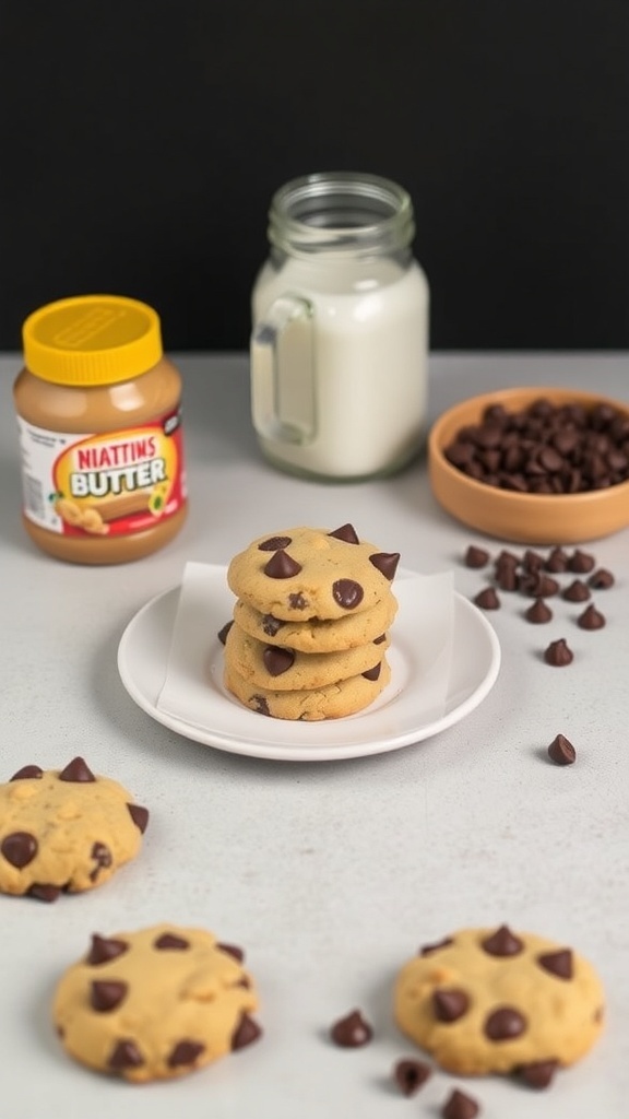 Three chocolate chip cookies stacked on a plate with a jar of peanut butter, a glass of milk, and scattered chocolate chips.