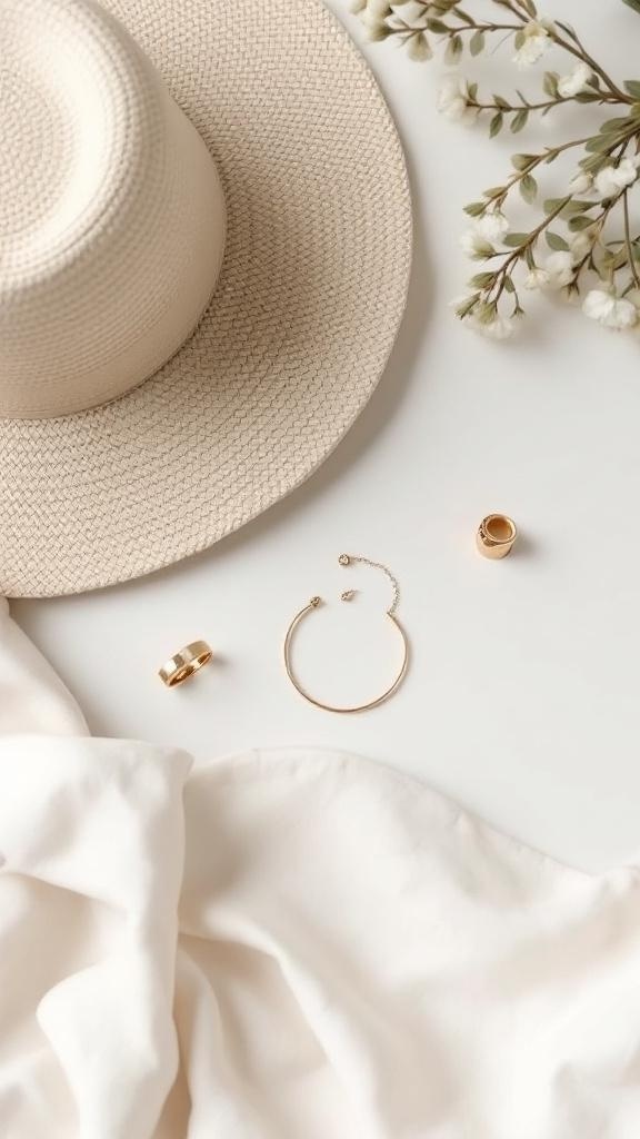 A stylish gray hat, heart-shaped necklace, and patterned fabric laid out on a white background.
