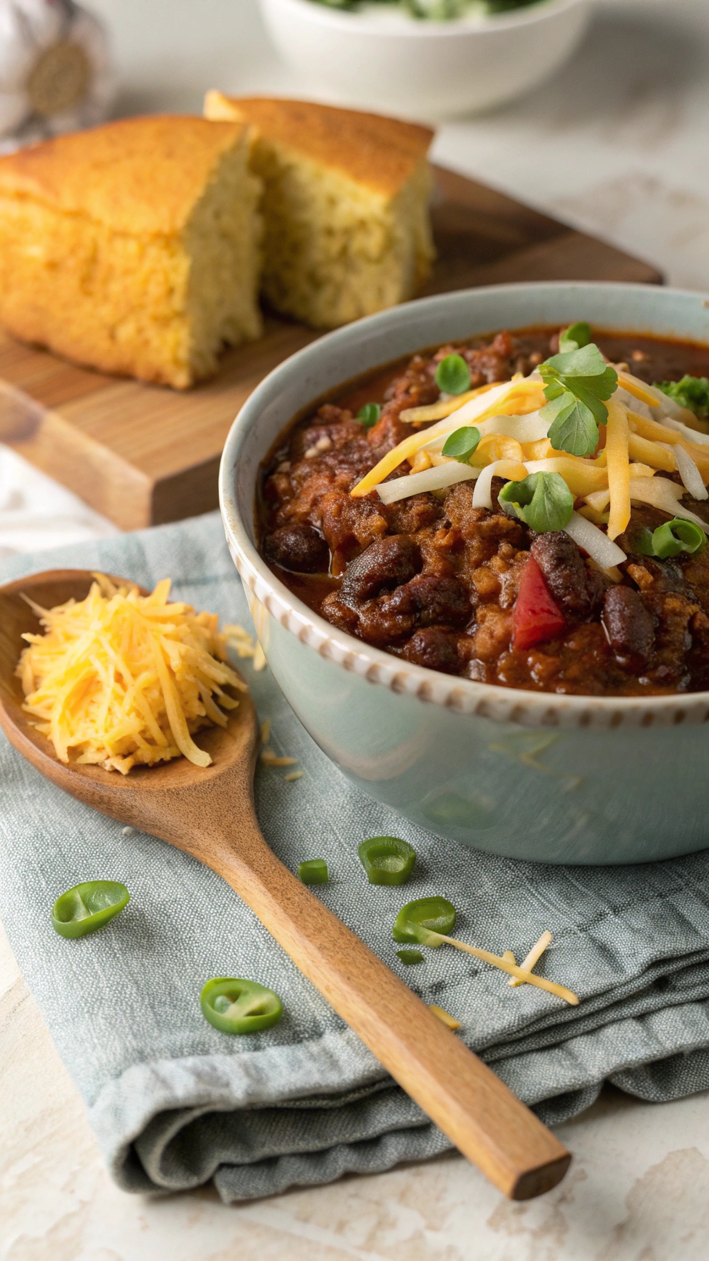 A bowl of chili con carne topped with cheese and green onions, with cornbread on the side.