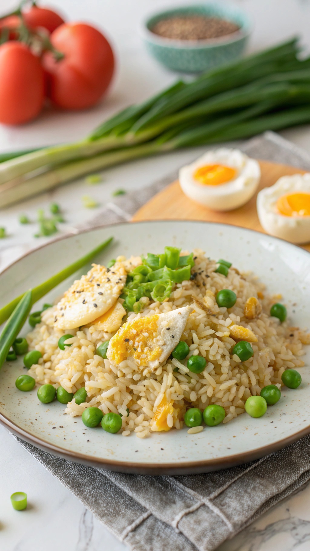 A plate of egg fried rice with green peas and chopped green onions, garnished with sliced boiled eggs.