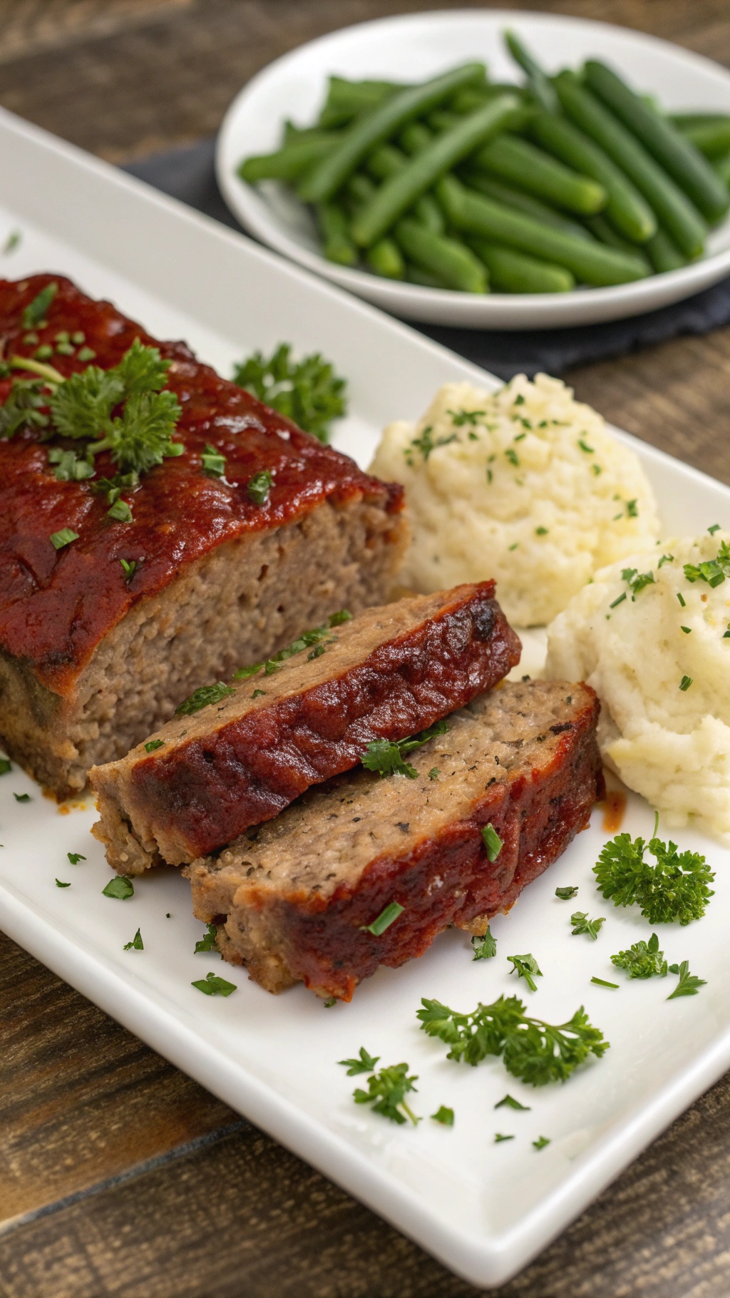 A delicious meatloaf sliced and served with mashed potatoes and green beans on a white plate.