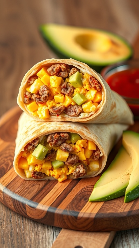 Delicious breakfast burritos filled with eggs, cheese, and veggies, served on a wooden board.