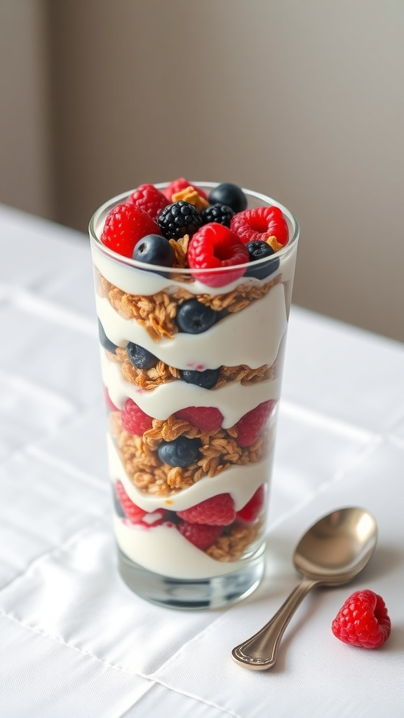 A delicious breakfast parfait made with layers of yogurt, granola, and mixed berries.
