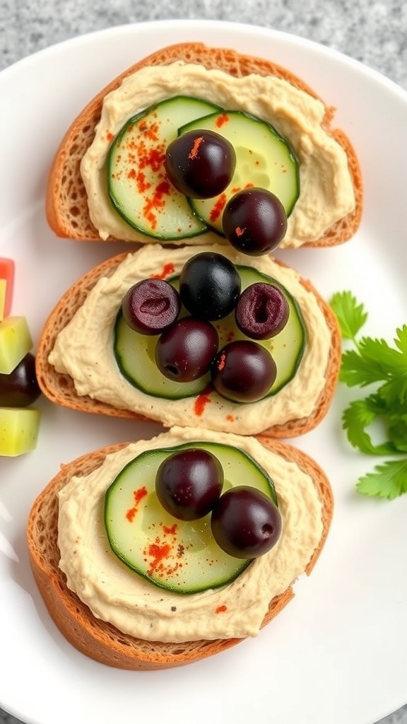Hummus toast topped with cucumber slices and black olives on a plate.