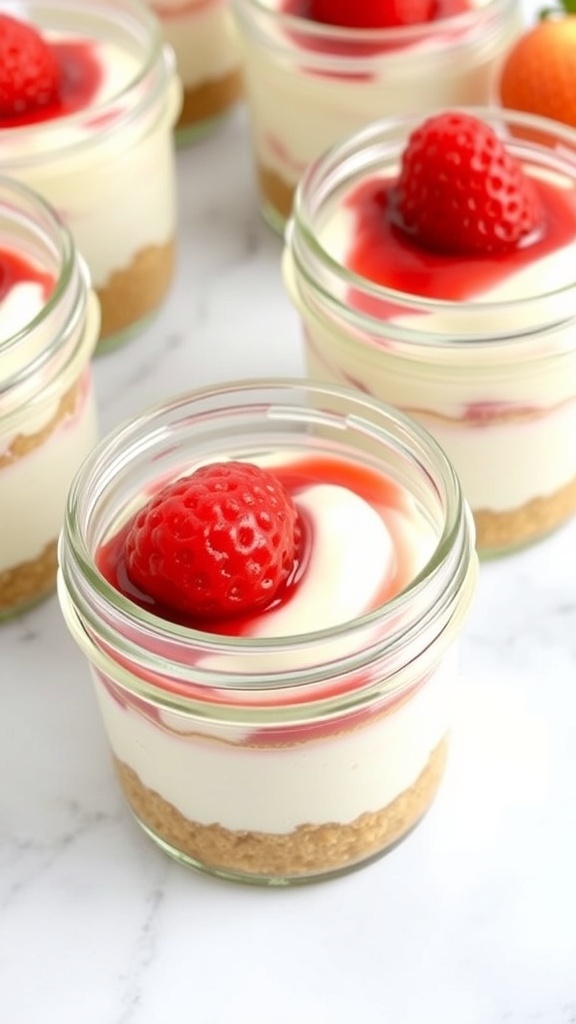 No-bake cheesecake cups with strawberry topping and mint leaves