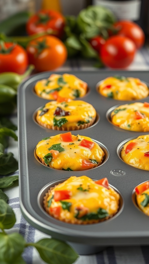 A tray of colorful egg muffins with spinach, tomatoes, and cheese, surrounded by fresh vegetables.