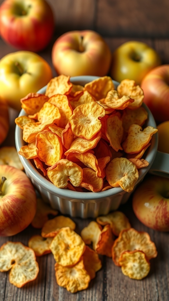 A bowl of crispy apple chips surrounded by fresh apples on a wooden surface.