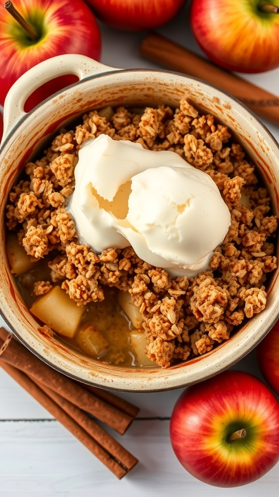 A warm apple crisp topped with oat mixture and a scoop of ice cream, surrounded by fresh apples and cinnamon sticks.
