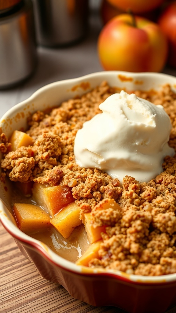 A delicious apple crumble topped with ice cream, served in a baking dish.