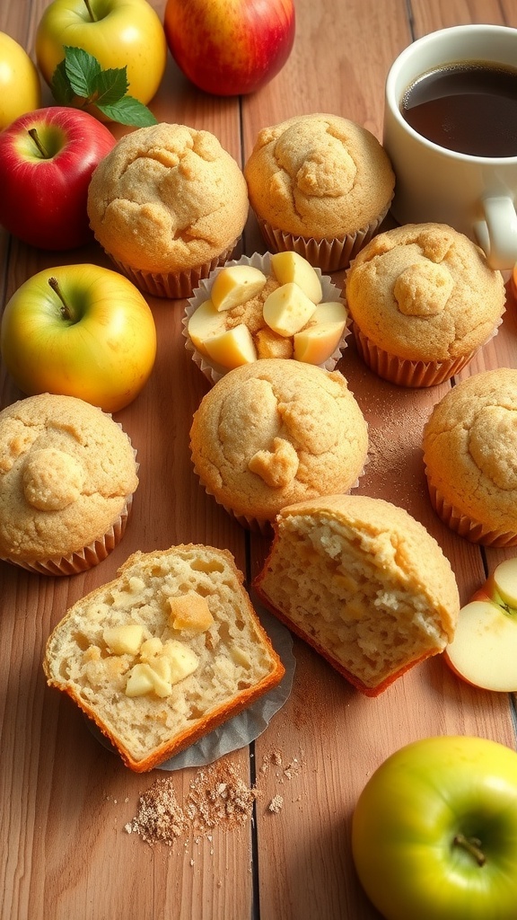 Delicious apple muffins with fresh apples and coffee on a wooden table.