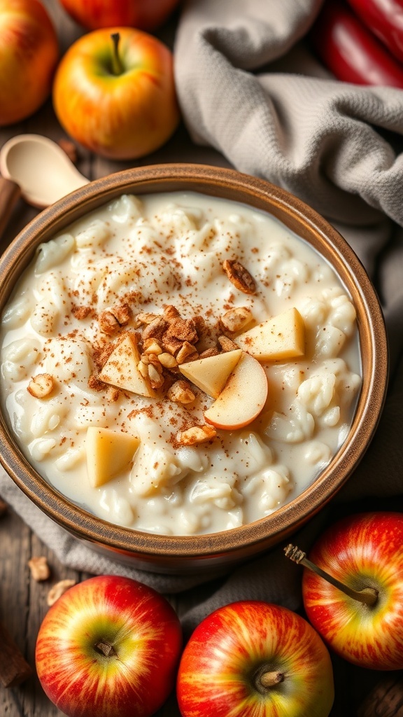 A bowl of apple rice pudding topped with apple slices and cinnamon, surrounded by fresh apples.