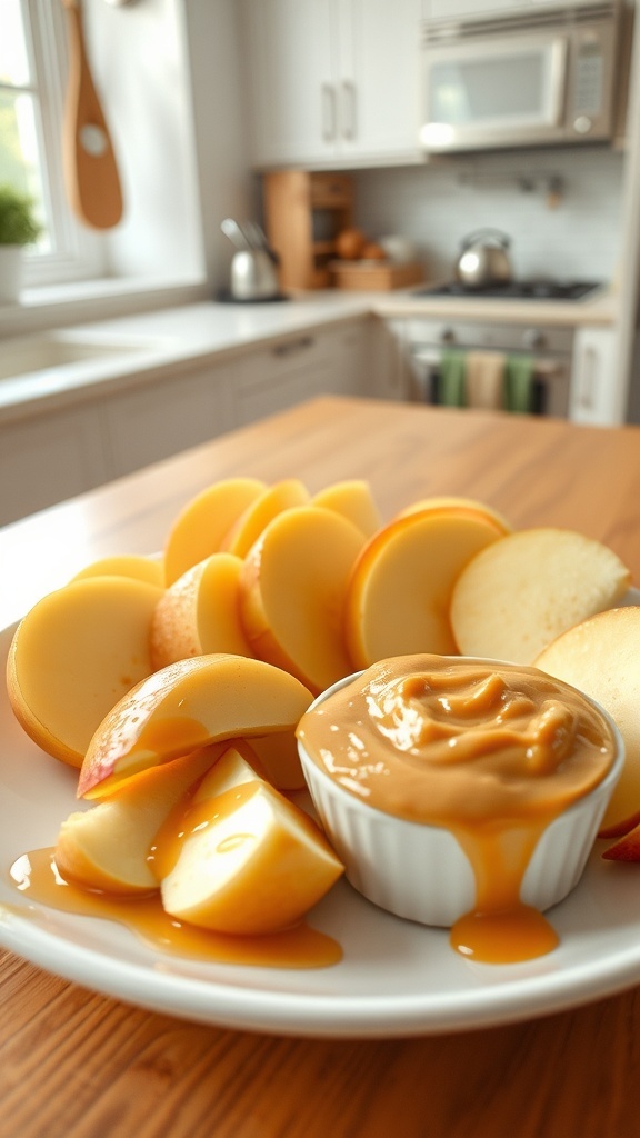 Plate of apple slices with peanut butter and honey