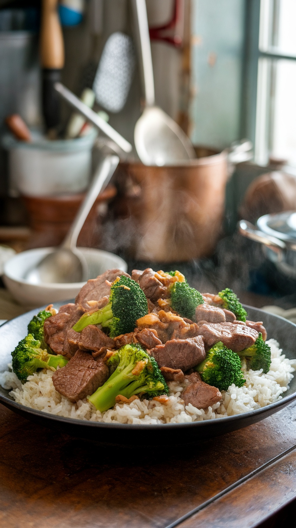A plate of beef and broccoli in garlic sauce served over rice, with steam rising from the dish.