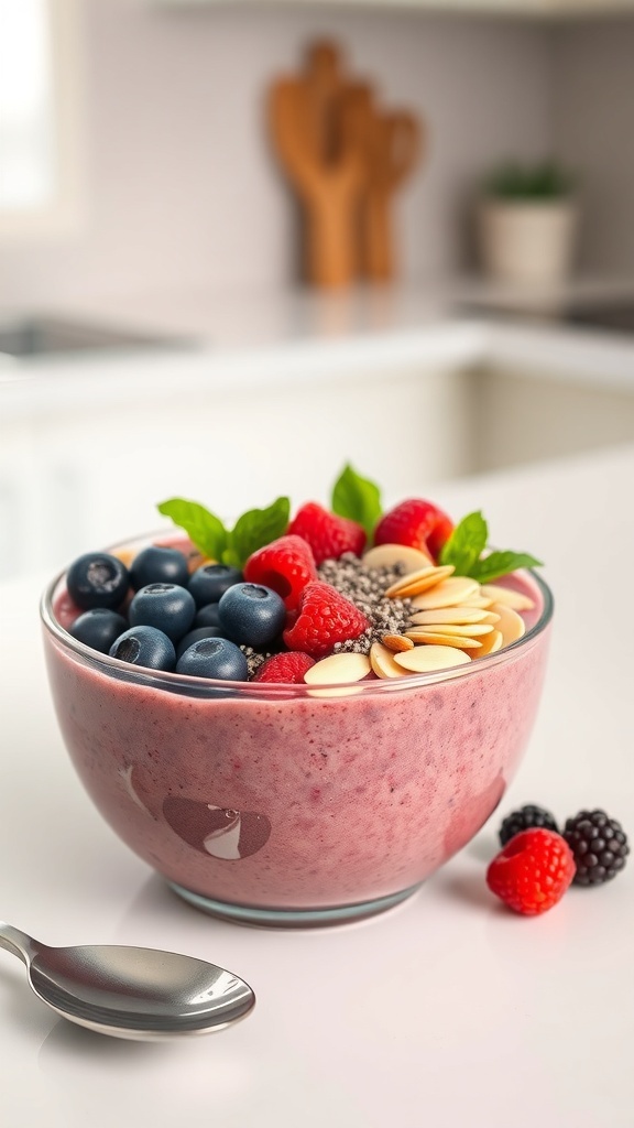 A colorful berry almond smoothie bowl topped with blueberries, raspberries, sliced almonds, and chia seeds.
