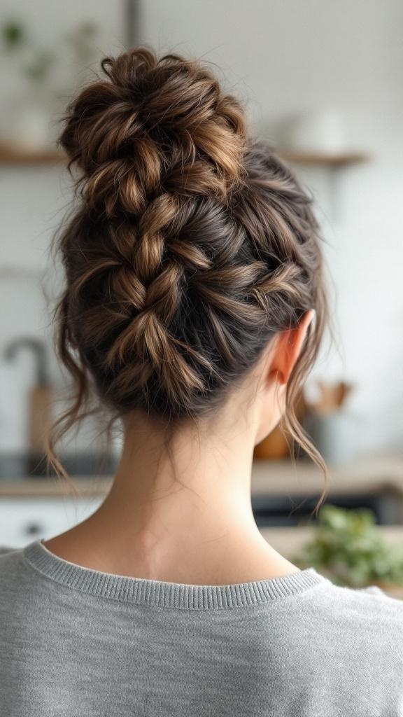 A woman with a braided bun hairstyle, showcasing a stylish and practical look.