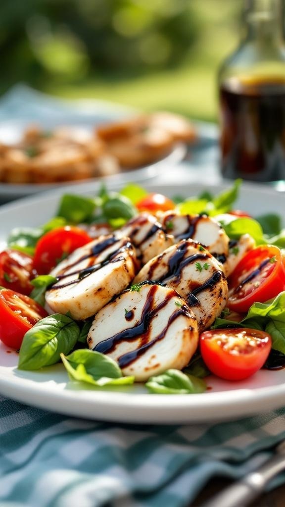 A plate of Caprese salad with grilled chicken, featuring sliced mozzarella, cherry tomatoes, and fresh basil, drizzled with balsamic glaze.