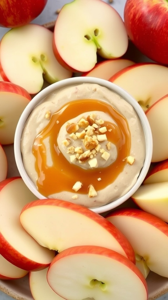 A bowl of caramel apple dip surrounded by fresh apple slices