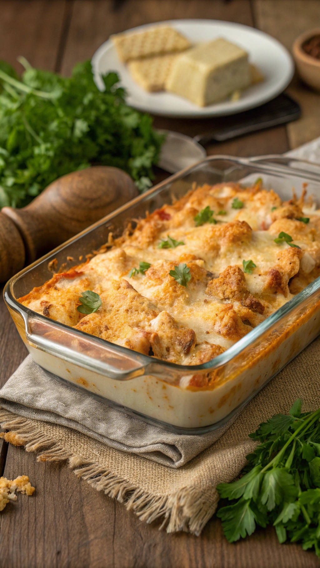 A cheesy chicken casserole in a glass baking dish, garnished with parsley, on a wooden table.