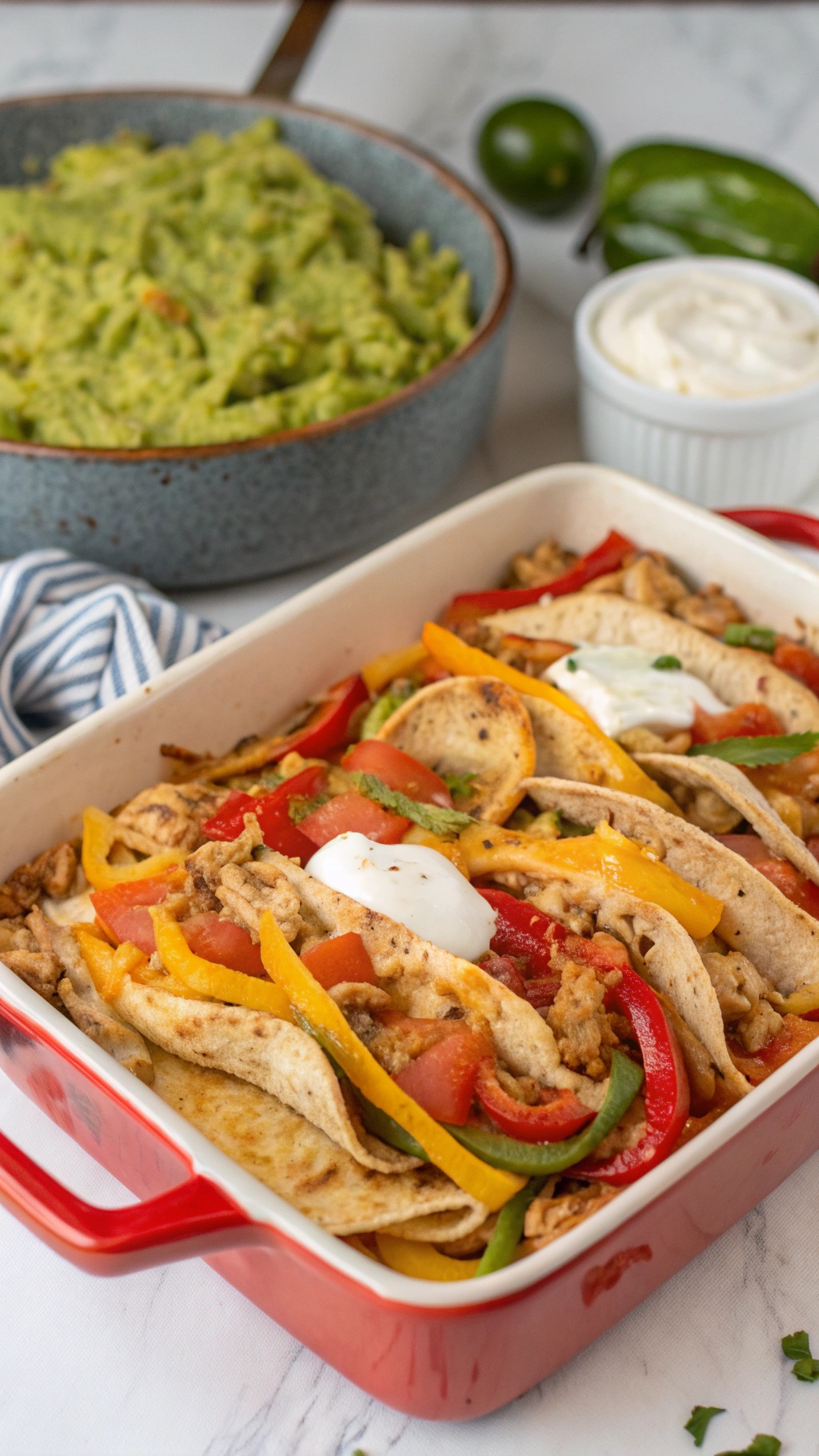 A colorful Chicken Fajita Casserole topped with sour cream and fresh ingredients.