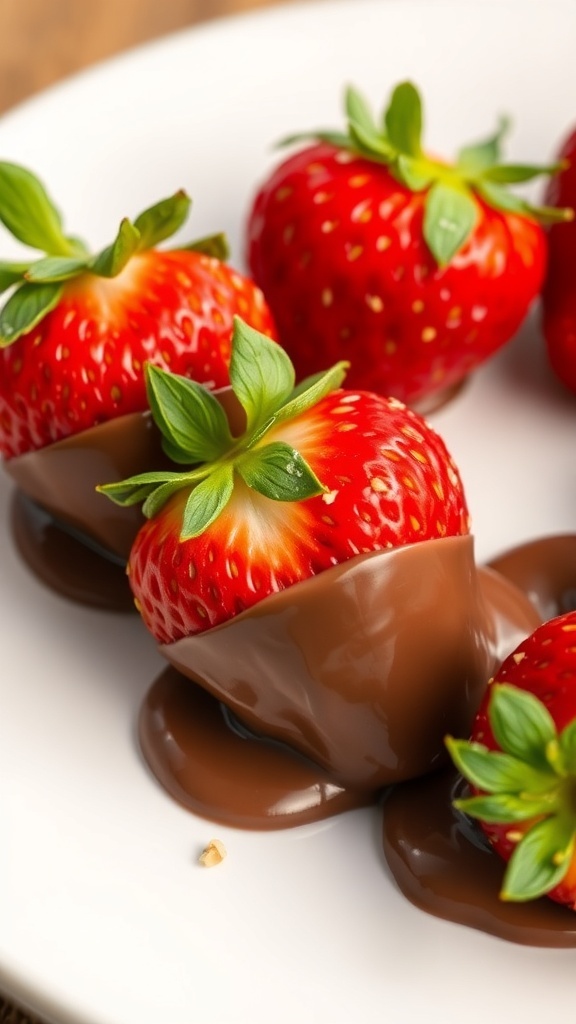 A plate of fresh strawberries, some dipped in chocolate, with melted chocolate in the center.