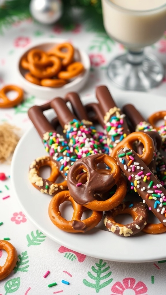A plate of chocolate dipped pretzels decorated with colorful sprinkles and nuts, with a glass of milk in the background.