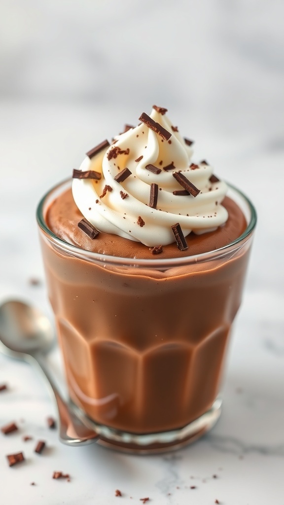 A glass cup filled with chocolate pudding topped with whipped cream and chocolate shavings.
