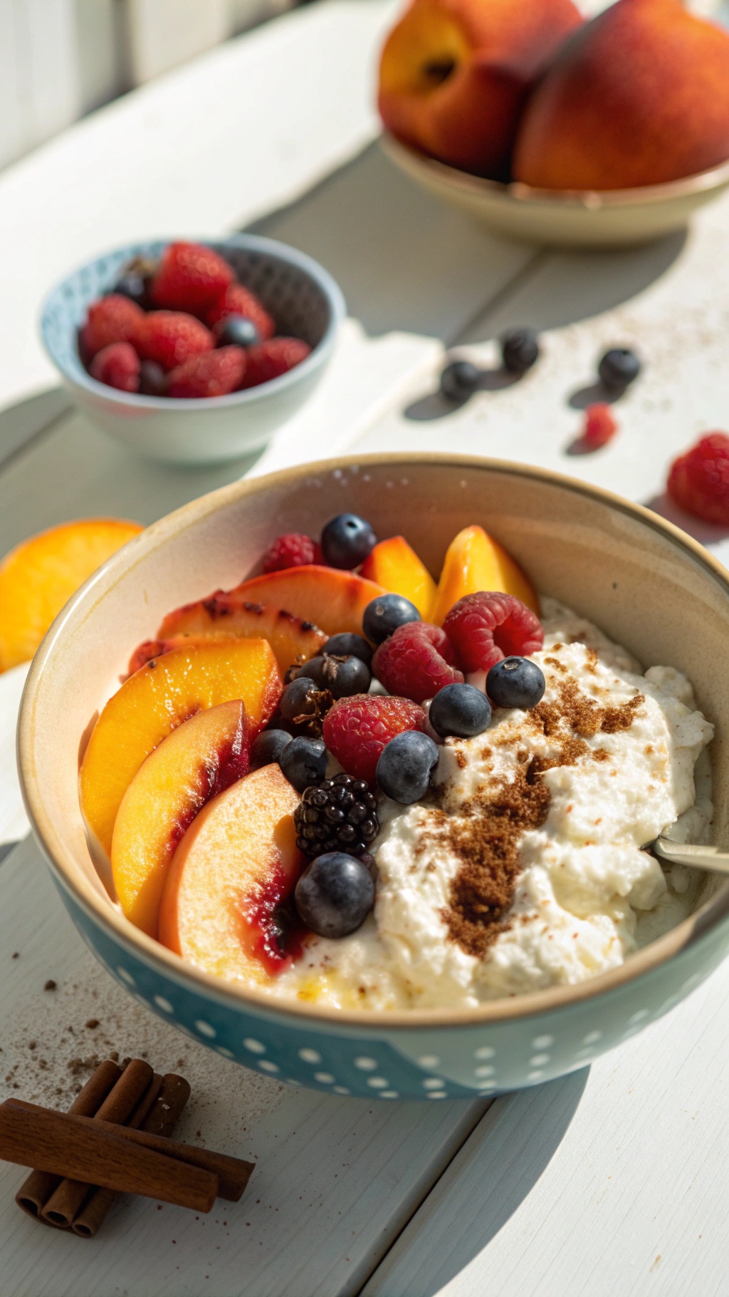 A colorful bowl of cottage cheese topped with fresh fruits like peaches, blueberries, and raspberries, with cinnamon sprinkled on top.