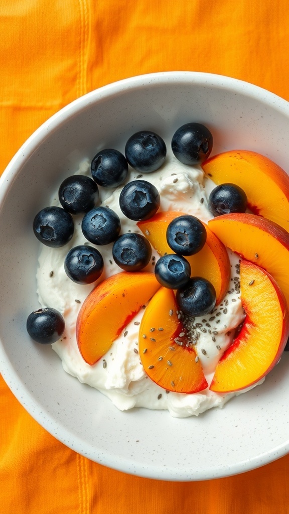 A bowl of cottage cheese topped with sliced peaches and blueberries, with chia seeds sprinkled on top.
