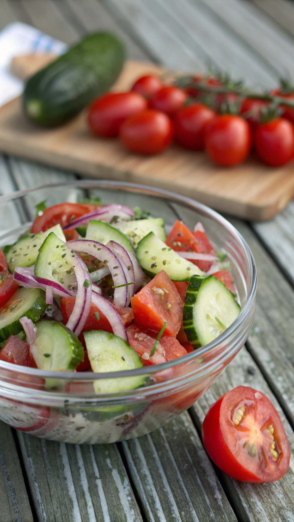 A bowl of cucumber tomato salad with sliced cucumbers, tomatoes, and red onion, with fresh ingredients in the background.