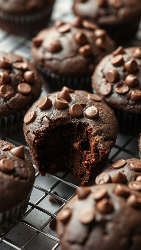Delicious one-bowl chocolate muffins with chocolate chips on top