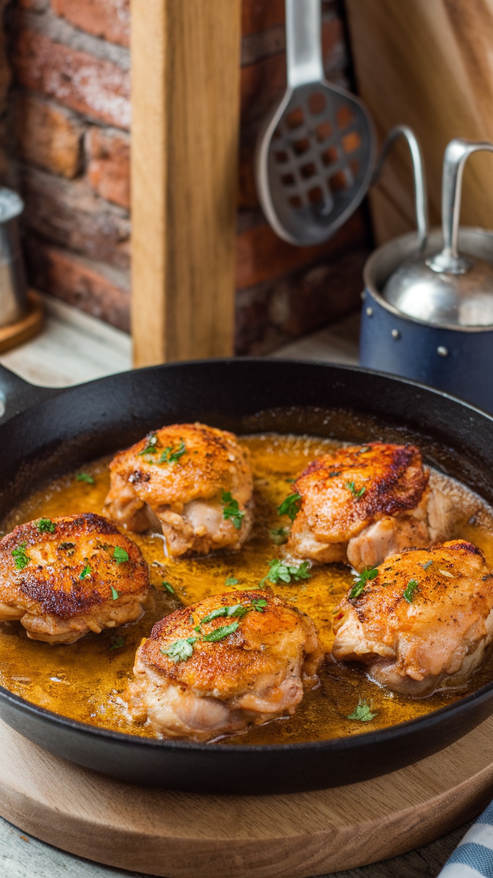 A skillet with garlic butter chicken thighs, garnished with parsley.
