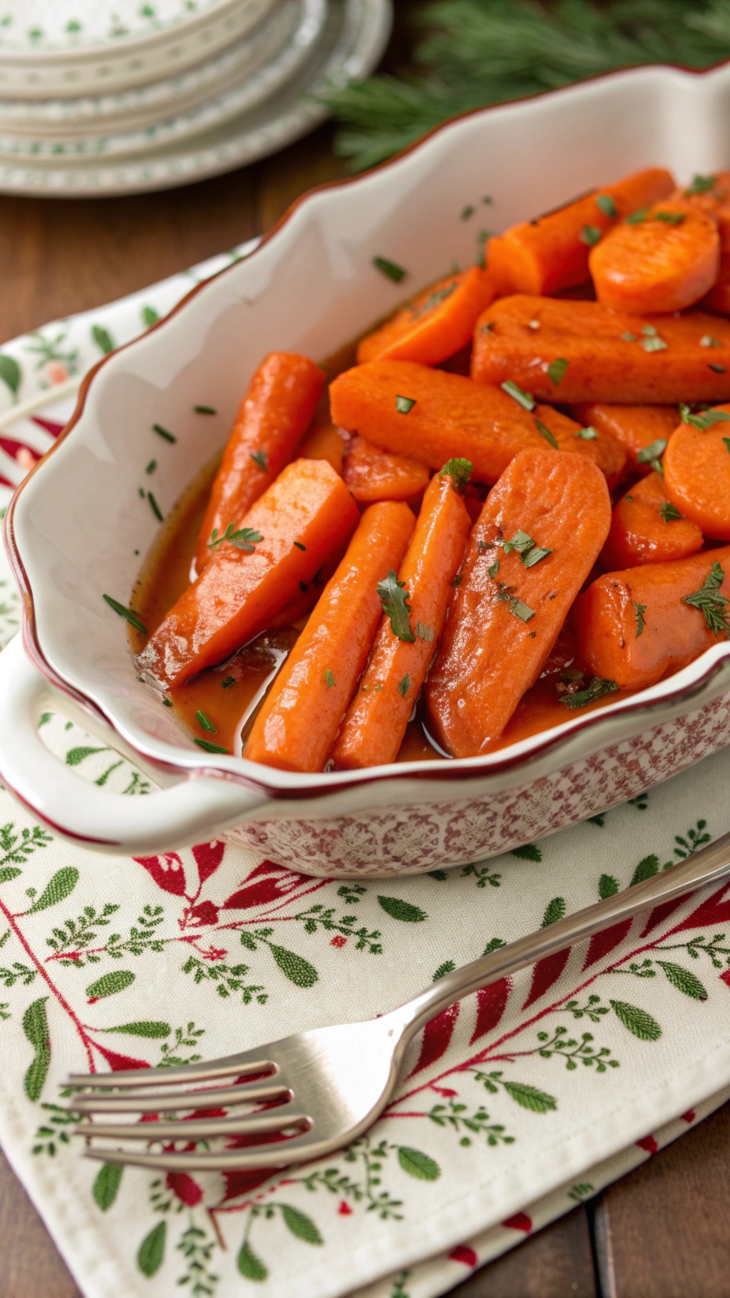 A dish of glazed carrots garnished with herbs, served on a festive tablecloth.