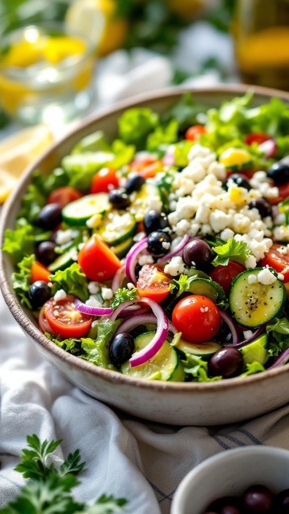 A vibrant Greek salad with feta cheese, olives, tomatoes, cucumbers, and red onion in a bowl.
