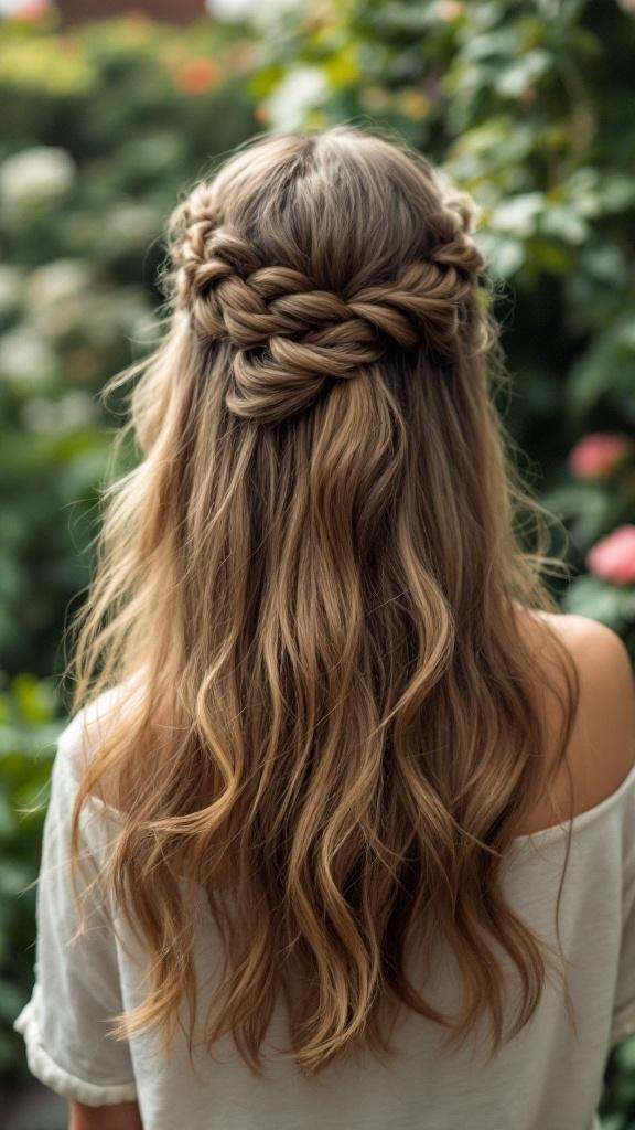 A simple half-up braid hairstyle with loose waves, showcasing a beautiful braid at the top and flowing hair below.