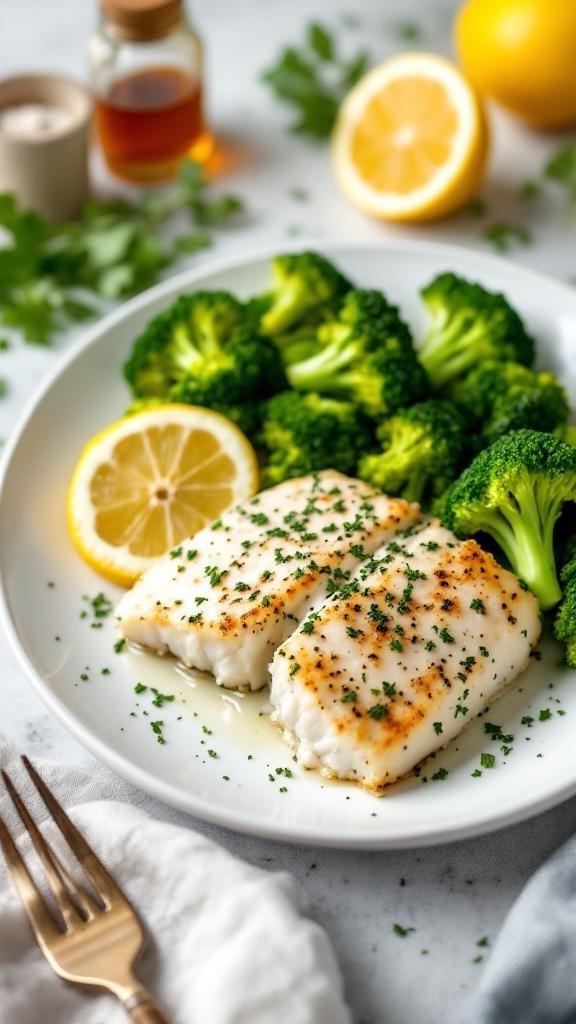 Plate of herb-crusted cod with steamed broccoli and lemon slices