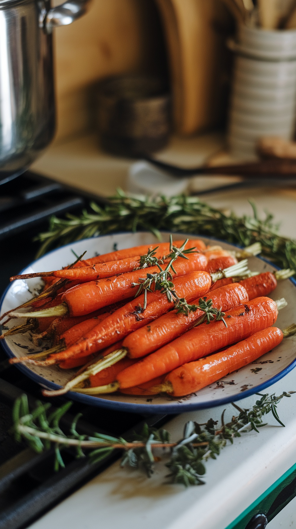 A plate of roasted carrots garnished with herbs