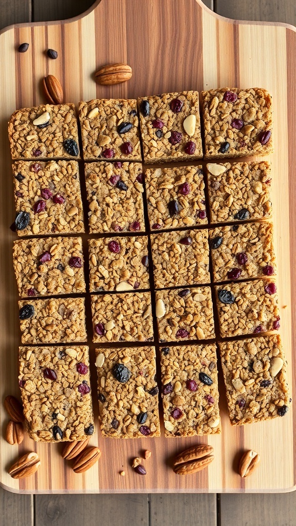 A wooden cutting board with neatly cut squares of granola bars, featuring oats, nuts, and dried fruits.