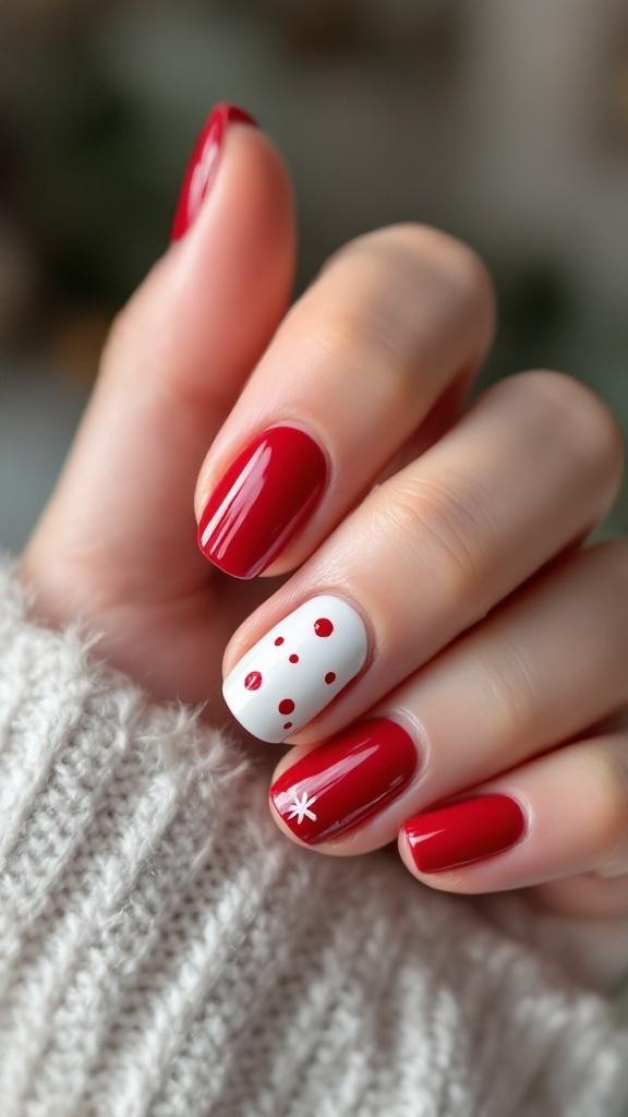 Simple holiday nail design with red and white colors featuring dots and French tips.