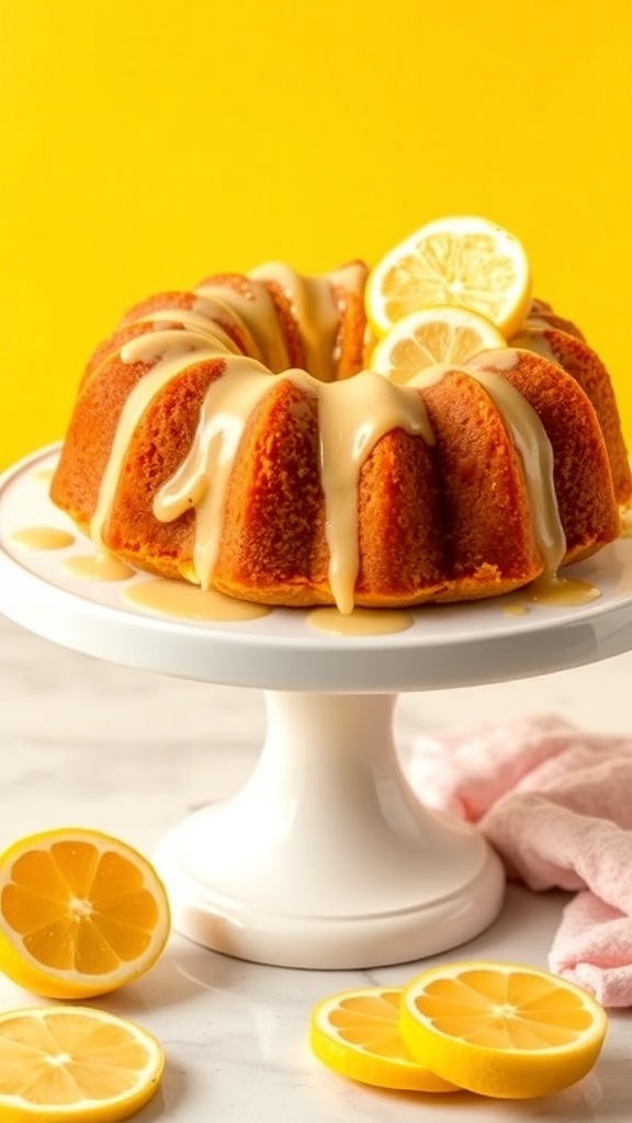 A beautiful lemon cake topped with glaze, lemon slices, and flowers on a white cake stand.