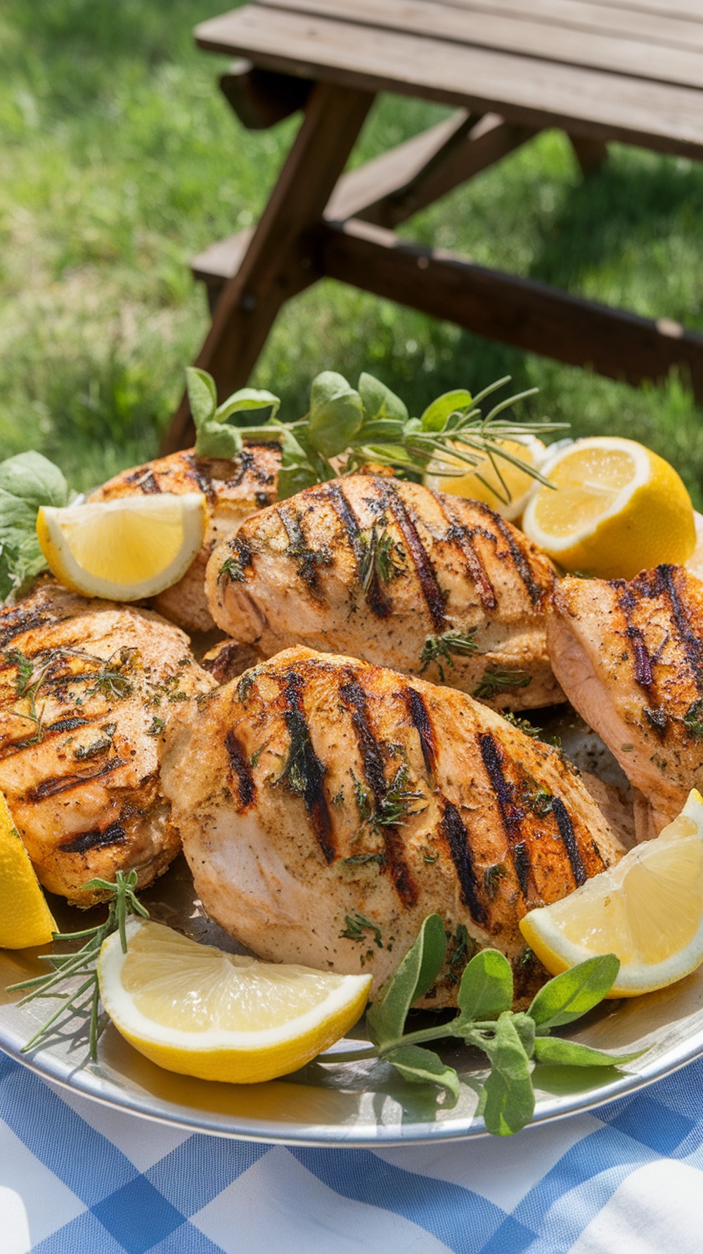 Grilled chicken breasts garnished with lemon slices and fresh herbs on a platter.