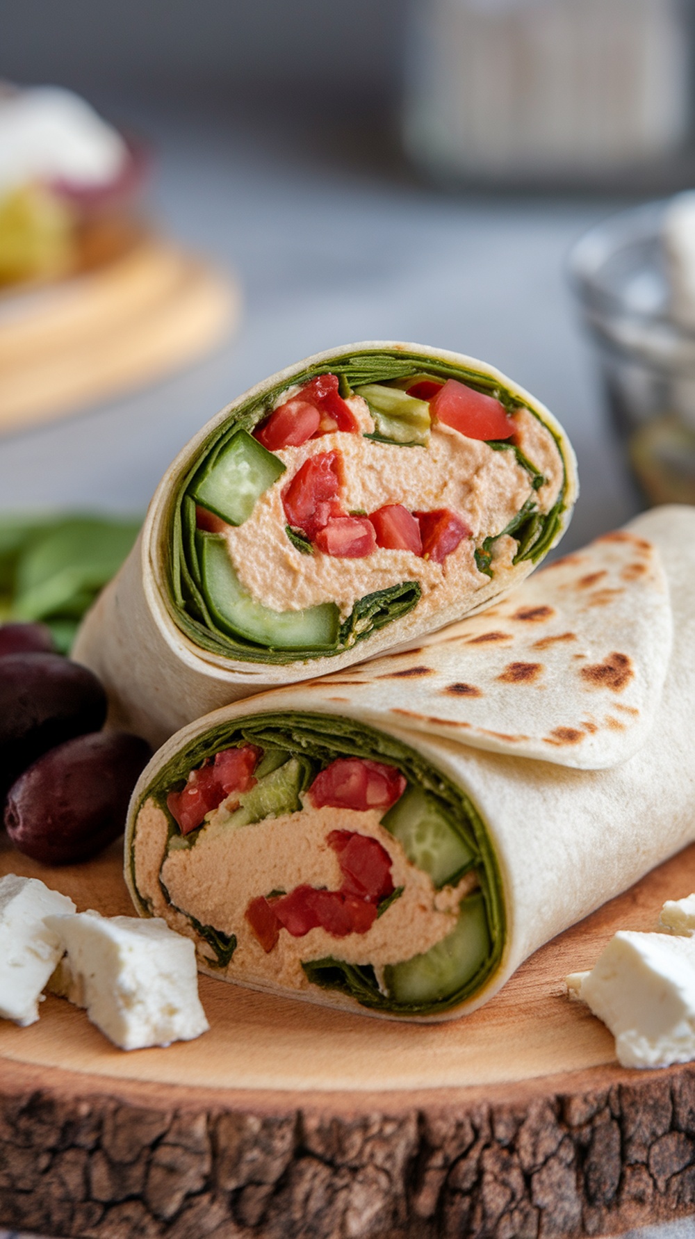 Mediterranean wraps filled with spinach, tomatoes, and hummus, sliced in half on a wooden board.