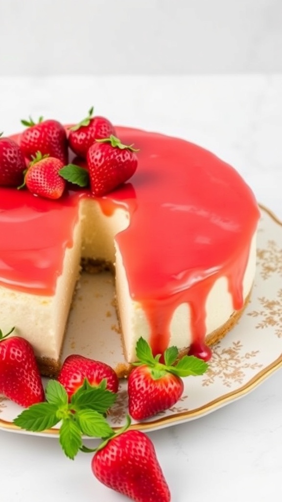A no-bake cheesecake topped with strawberry glaze and fresh strawberries on a decorative plate.