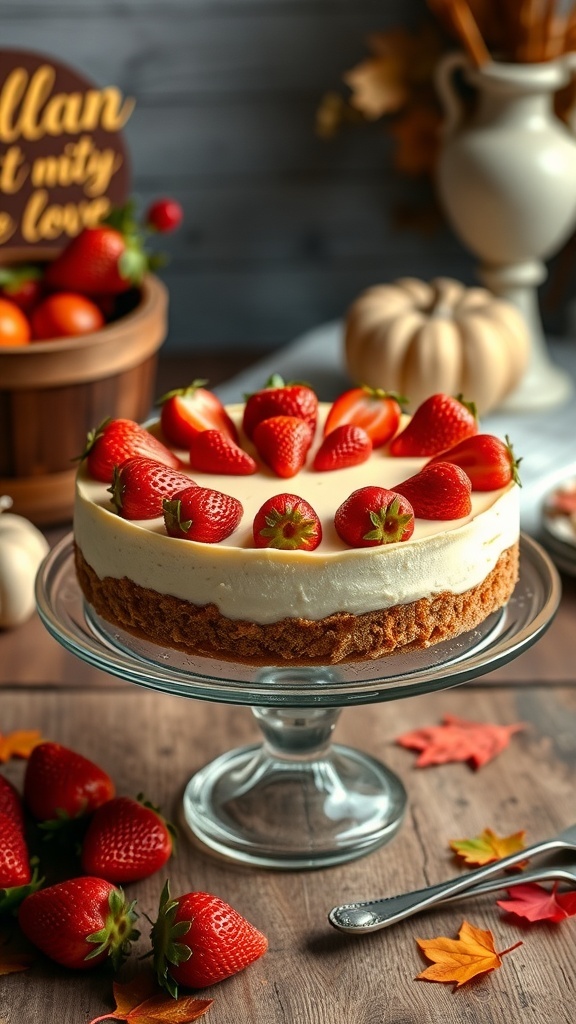 A beautiful no-bake cheesecake topped with fresh strawberries, displayed on a glass cake stand with autumn decorations.