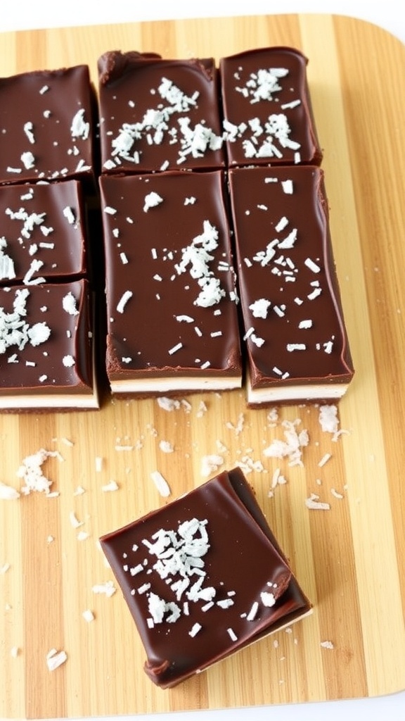 No-bake chocolate coconut bars on a wooden cutting board, topped with shredded coconut.
